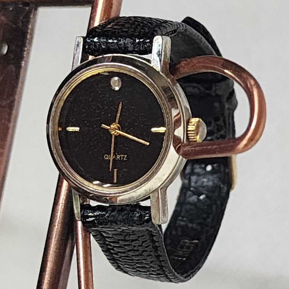 SKC Black Gold Tone Genuine Leather Embossed Strap Diamond Quartz SS Back Watch